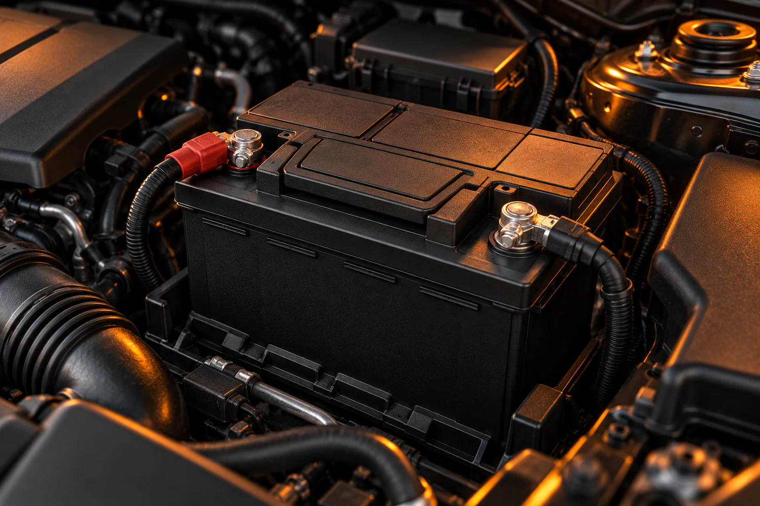 Illustration of an unbranded car battery installed in an engine bay with charcoal and orange lighting