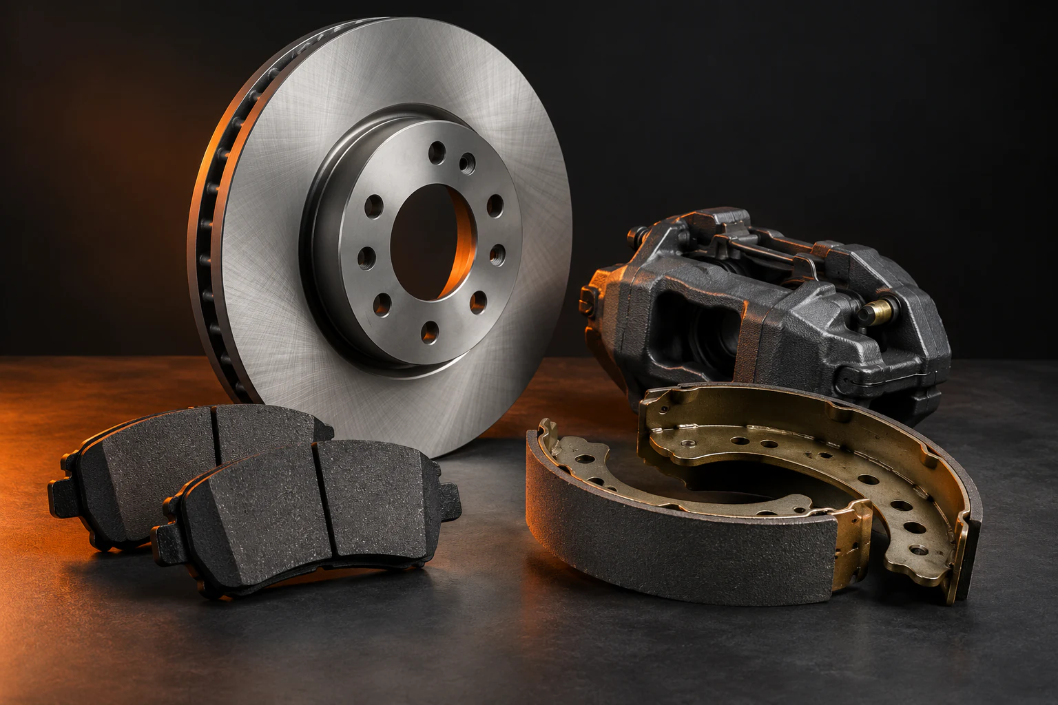 Illustration of a brake disc, caliper, pads and shoes on a charcoal background