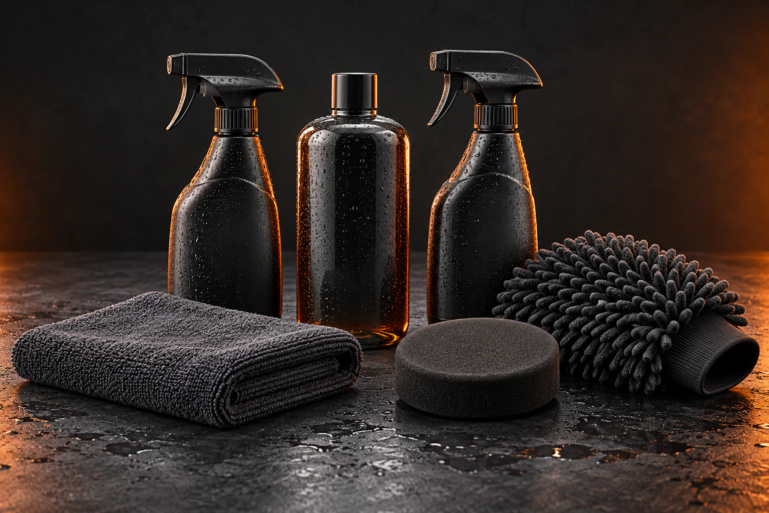 Illustration of unbranded car-care bottles, microfibre cloth, wash mitt and foam applicator on a charcoal surface with orange lighting