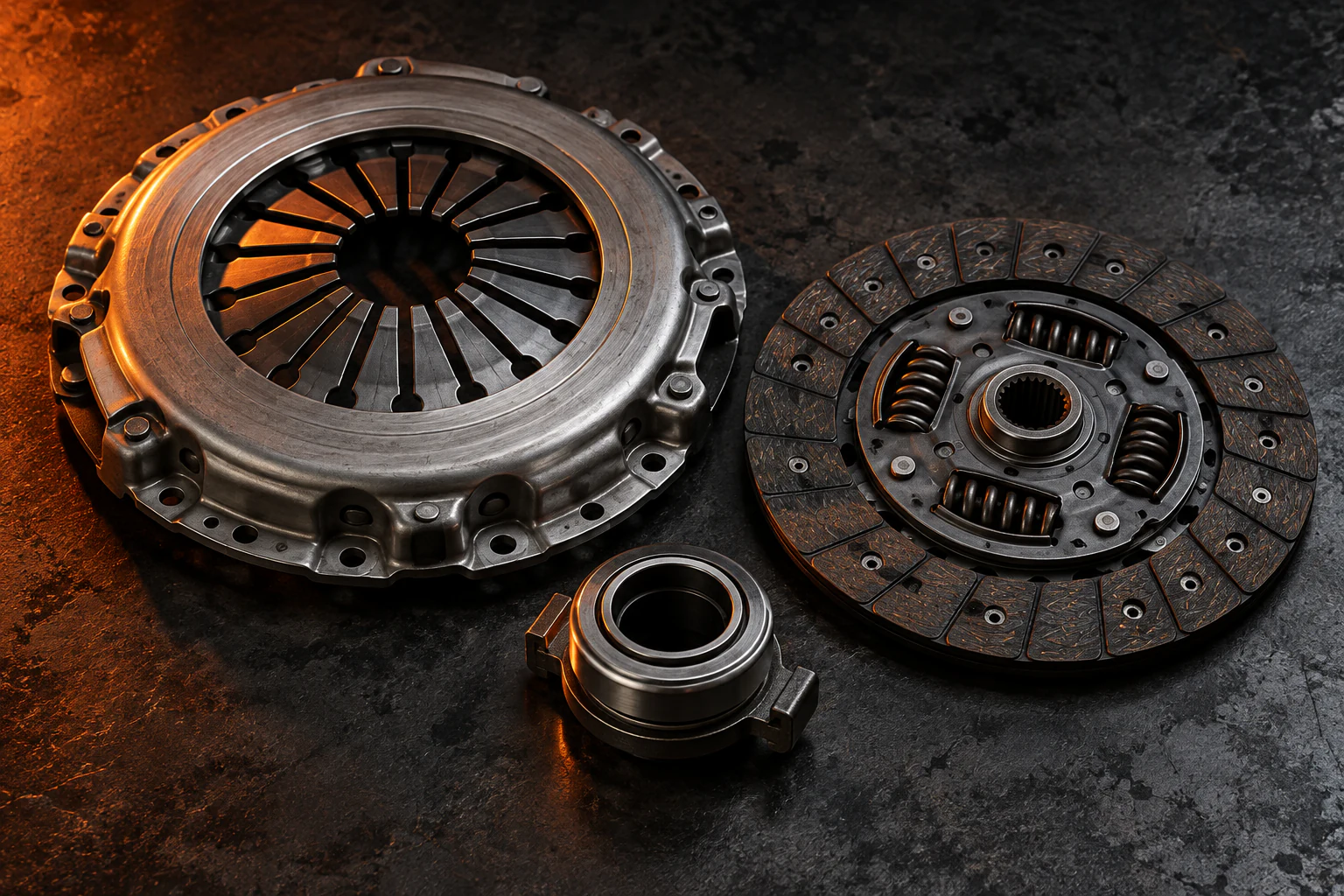 Illustration of unbranded clutch components on a charcoal surface with warm orange lighting