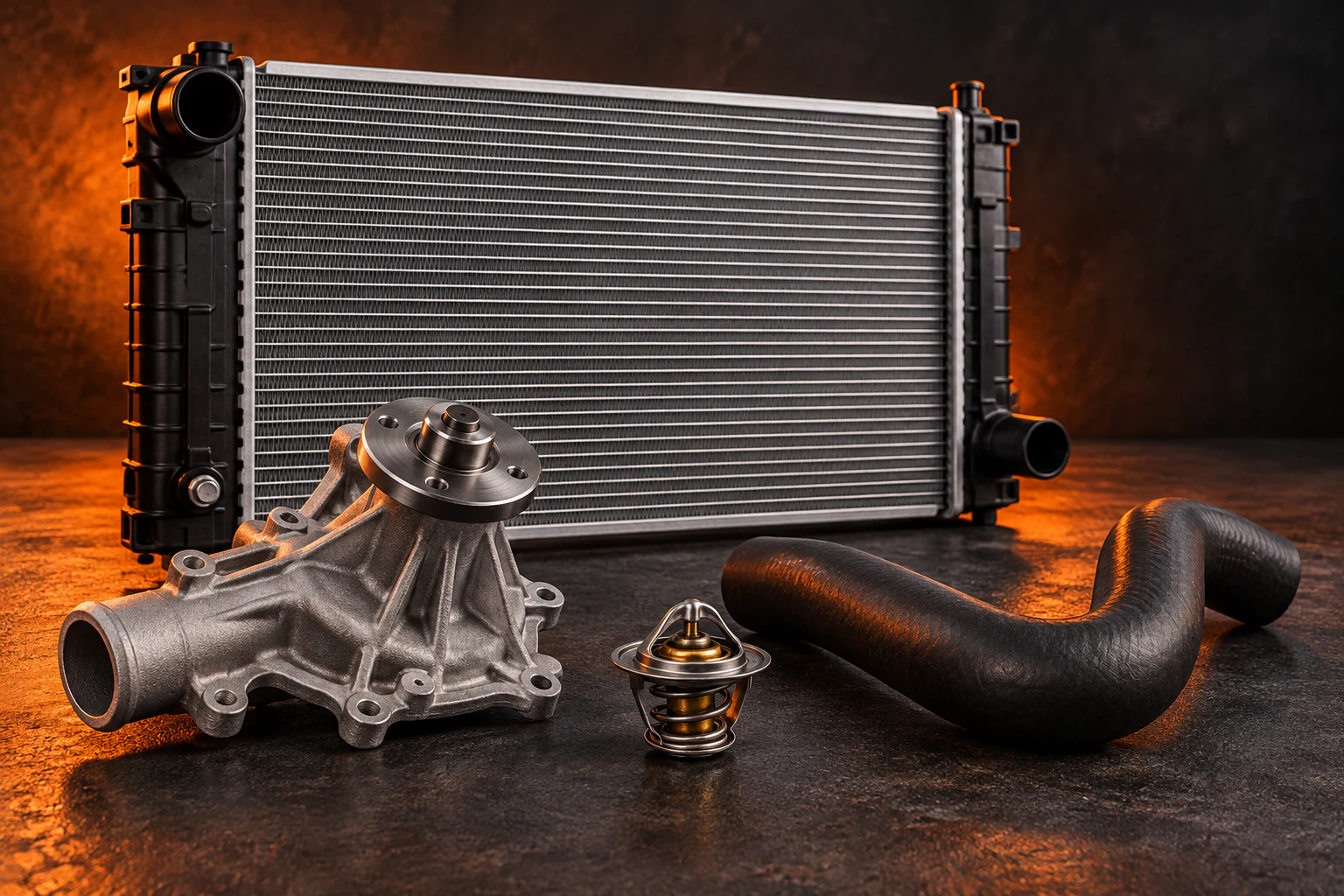 Illustration of unbranded radiator, water pump, thermostat and coolant hose on a charcoal surface with orange lighting