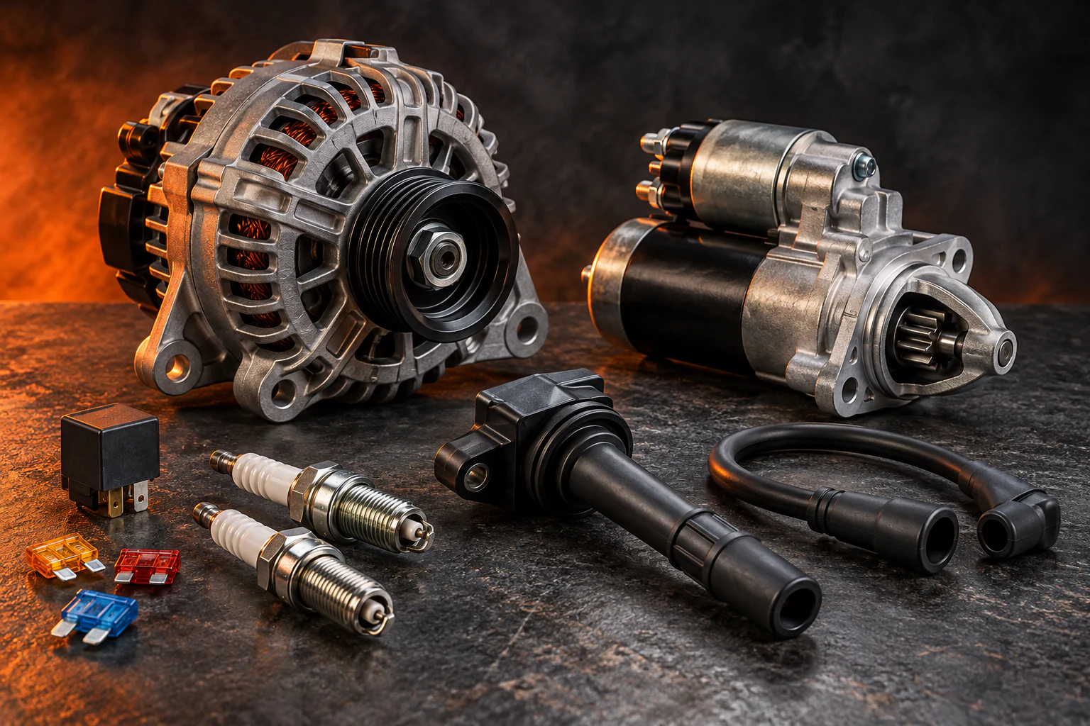 Illustration of unbranded alternator, starter motor, spark plugs and ignition components on a charcoal surface with orange lighting