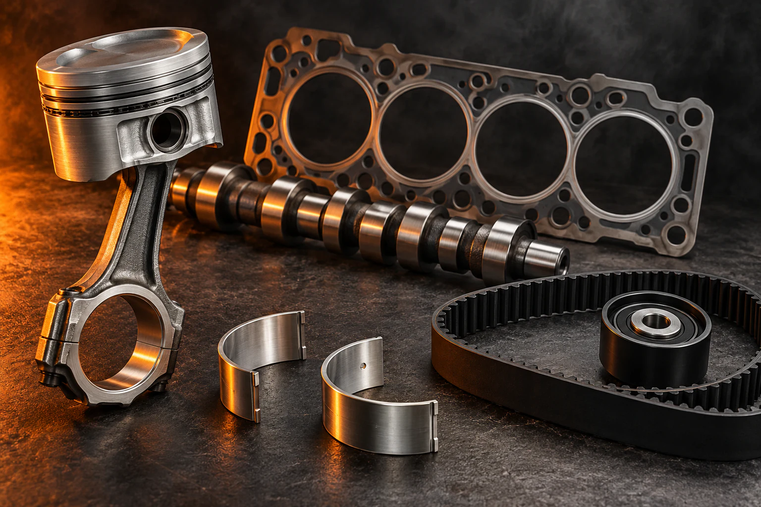Illustration of unbranded piston, connecting rod, head gasket, camshaft, timing belt and bearing shells on a charcoal surface with orange lighting