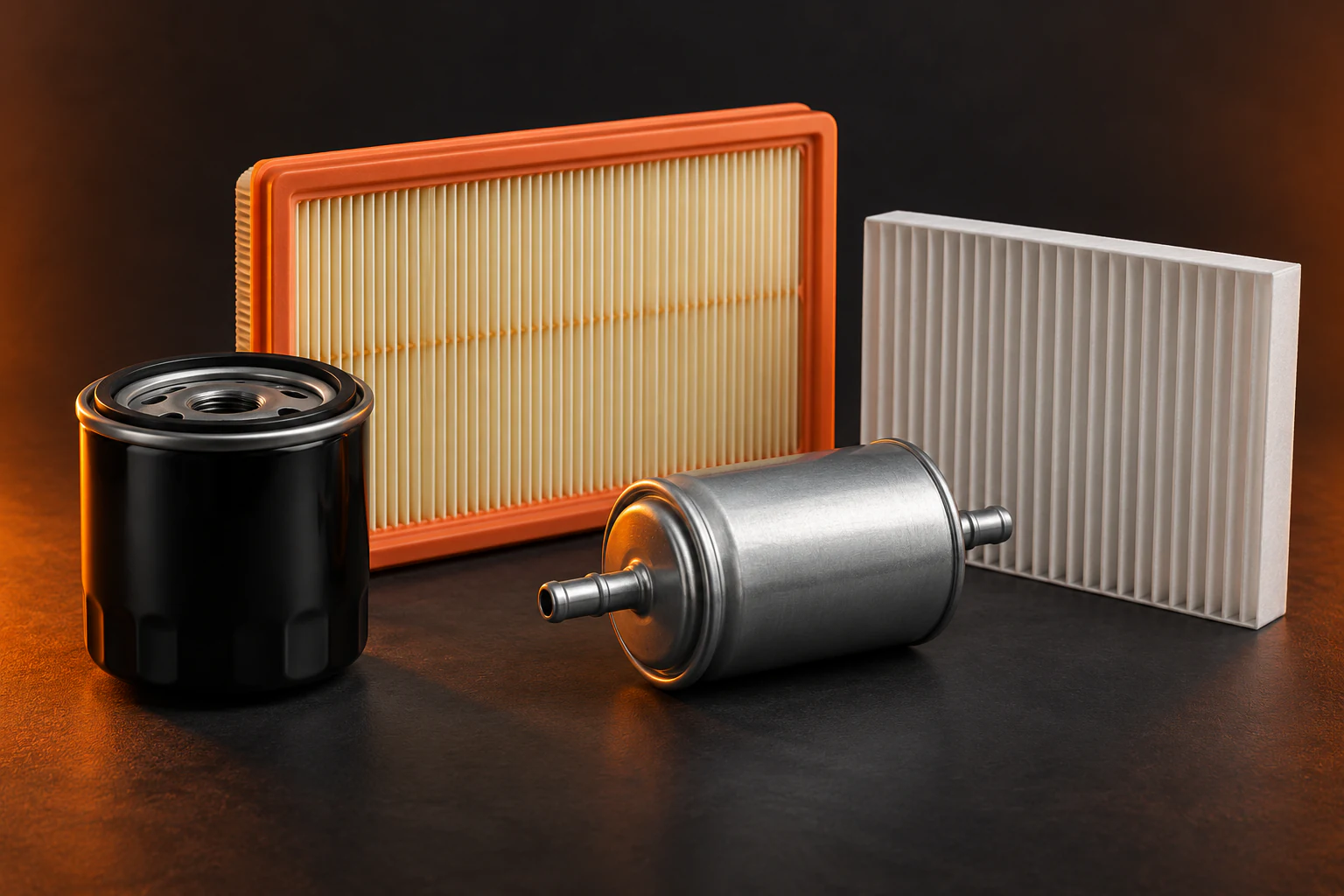 Illustration of oil, engine air, fuel and cabin filters on a charcoal background