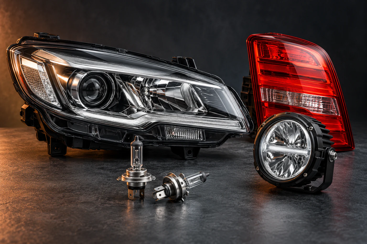 Illustration of unbranded headlight, rear lamp, round auxiliary lamp and replacement bulbs on a charcoal surface with warm orange lighting