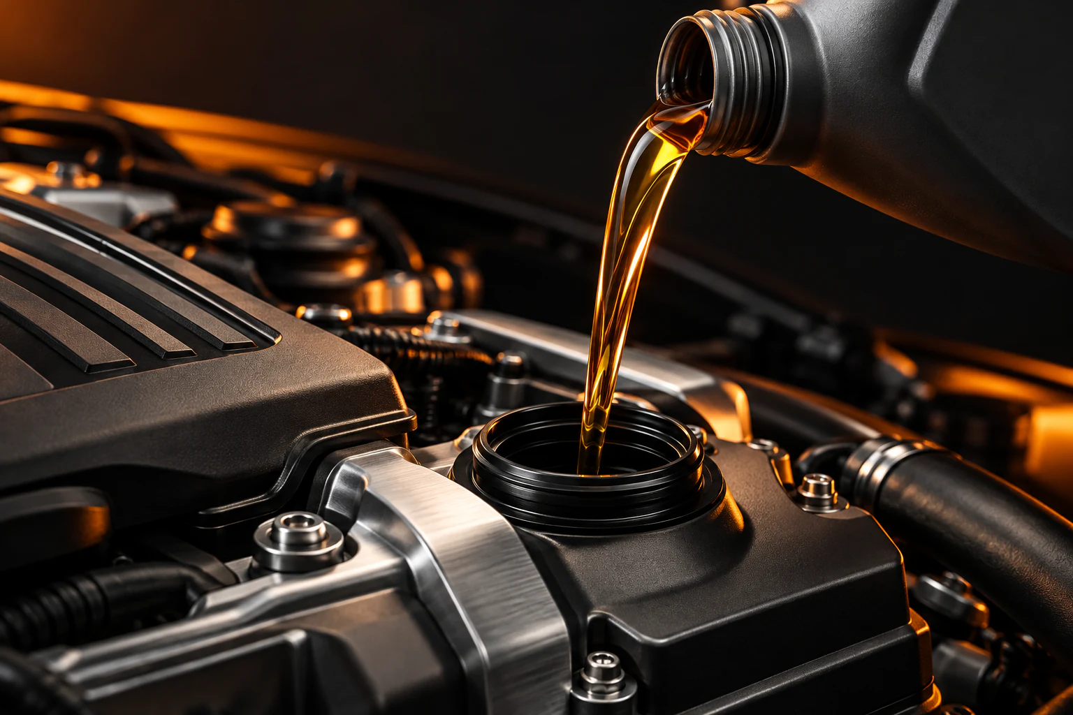 Illustration of golden engine oil being poured into an engine with charcoal and orange lighting