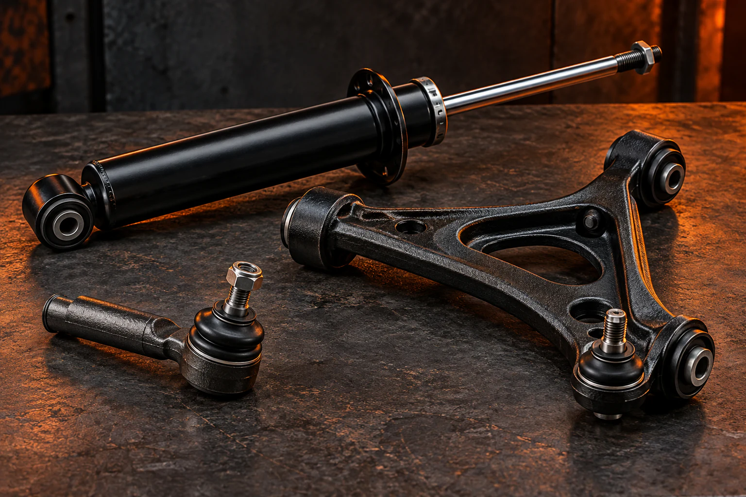 Illustration of unbranded suspension and steering components on a charcoal surface with orange lighting