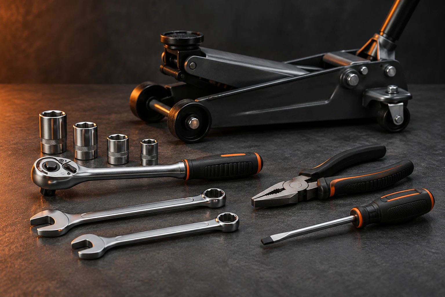 Illustration of unbranded ratchet, sockets, spanners, pliers, screwdriver and trolley jack on a charcoal surface with orange lighting
