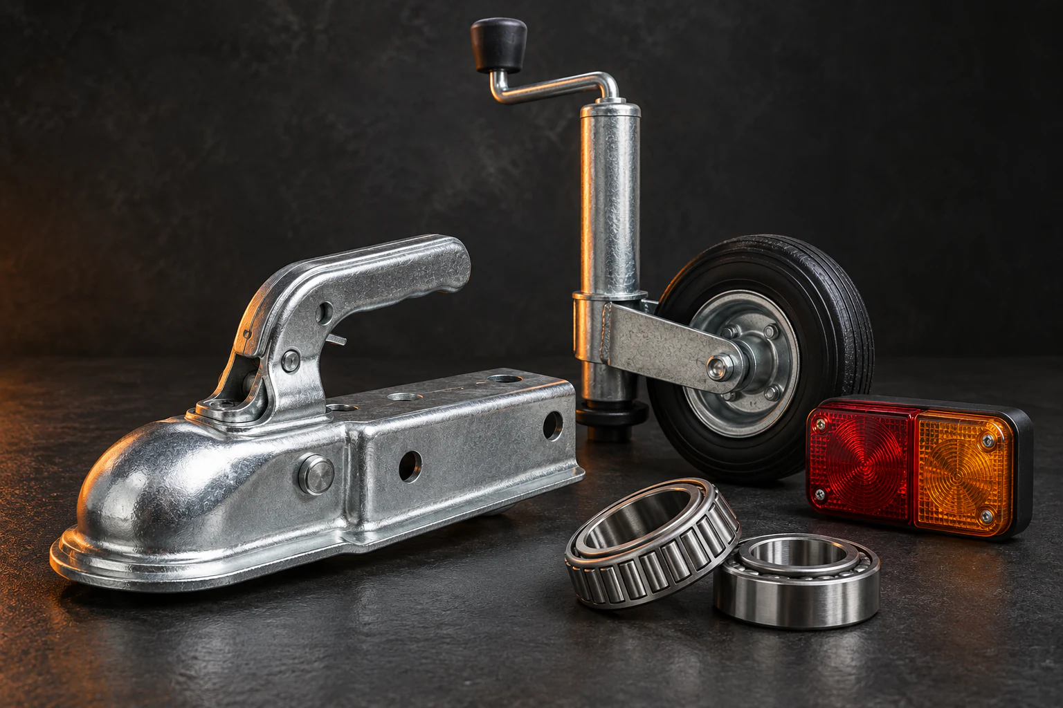 Illustration of unbranded trailer coupling, jockey wheel, rear lamp and bearings on a charcoal surface with orange lighting