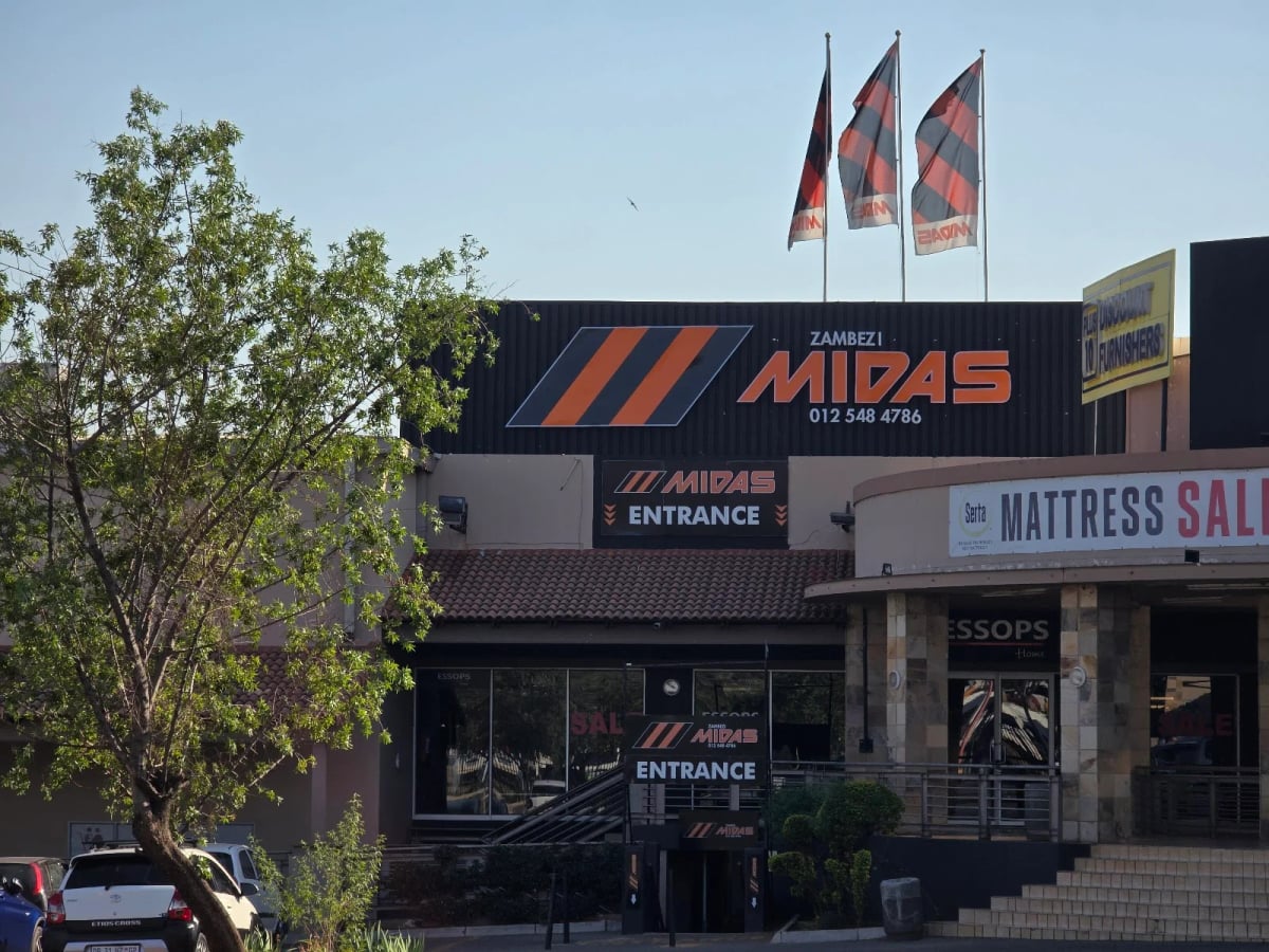 Zambezi Midas storefront at Montana Piazza, with Midas signage and the entrance below